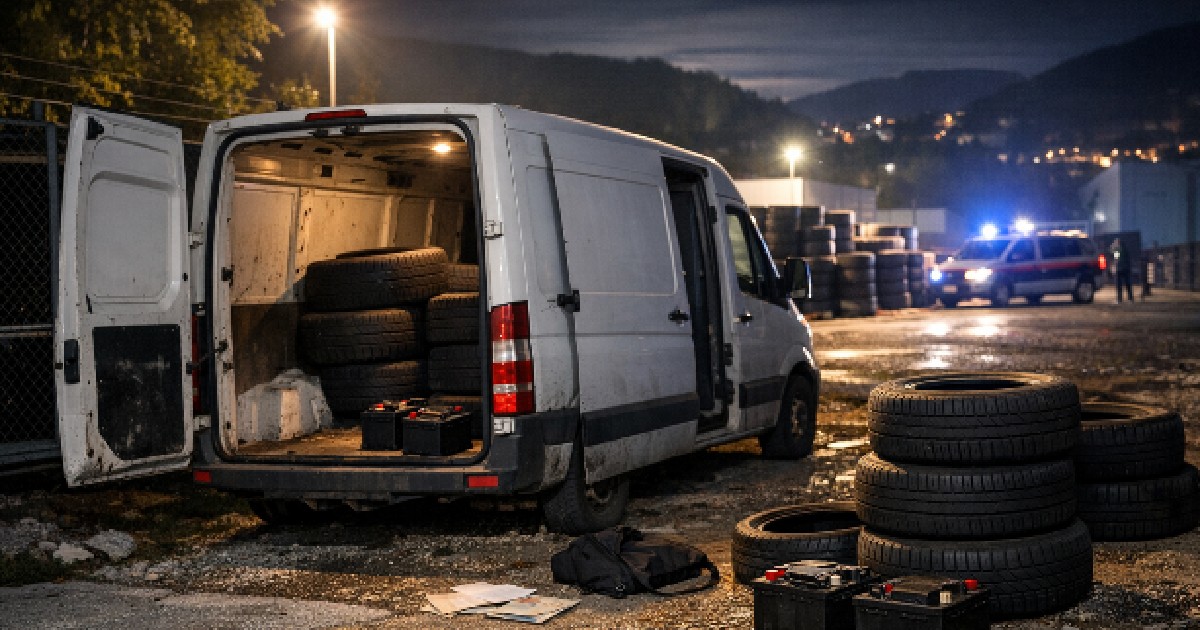 Imaginea surprinde o dubă albă cu ușile din spate deschise, plină cu anvelope și baterii auto, aflată la locul unei intervenții a poliției.