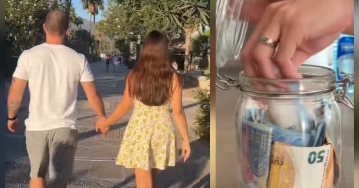 Colaj foto cu un cuplu care se ține de mână în timp ce merge pe stradă, iar alăturat o poză cu mâna unei persoane care pune bani deoparte într-un borcan