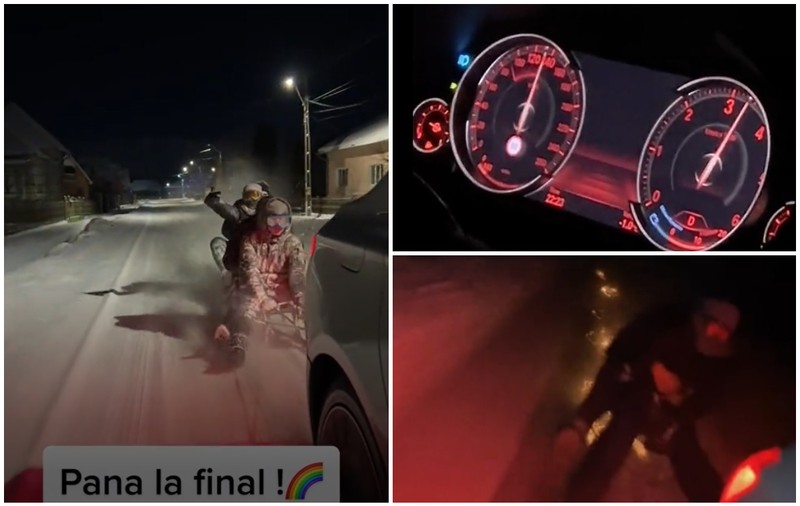 VIDEO | Trași cu sania pe șosea cu 140 km/h, trei tineri din Bistrița au fost aproape de moarte. Șoferul, amendat