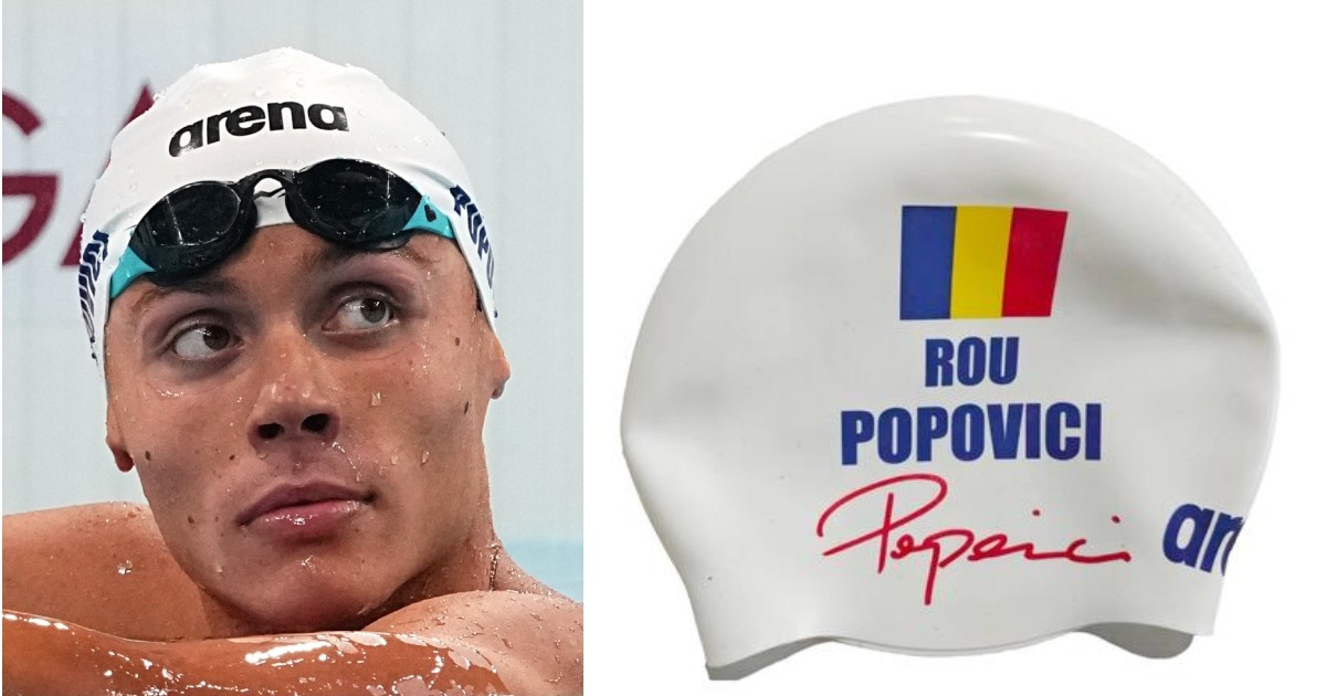 Casca de înot cu semnătura lui David Popovici se găsește pe site-urile cu articole sportive