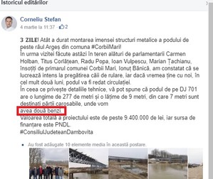 Captură de pe pagina de Facebook a șefului CJ Dâmbovița, unde spunea că podul va avea două benzi și 9 metri lățime