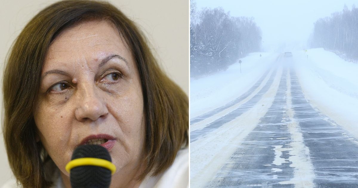 Colaj din două fotografii: în stânga Elena Mateescu, director ANM, vorbind la microfon în timpul uneii conferințe de presă, ira în dreapta un drum cu două benzi, acoperit de zăpadă și copaci fără frunze de o parte și de alta.