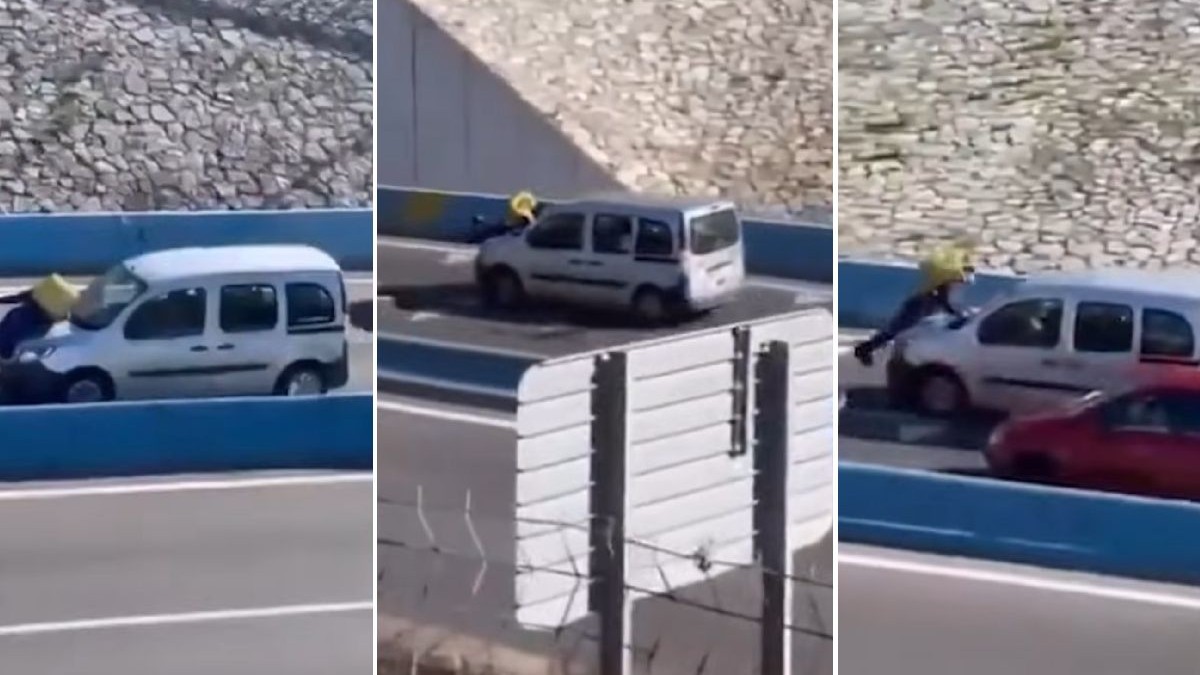O serie de trei imagini arată un curier Glovo purtat pe capota unei dube, pe o șosea cu trafic aglomerat.