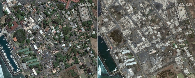 (COMBO) This combination of pictures created on August 09, 2023 shows (L) this handout satellite image courtesy of Maxar technologies shows an overview of Banyan court in Lahaina, Hawaii on June 25, 2023, and (R) this handout satellite image courtesy of Maxar technologies shows an overview of Banyan court in Lahaina, Hawaii on August 9, 2023. At least six people have been killed in a wildfire that has razed the Hawaiian town of Lahaina, officials said on August 9, 2023 with desperate residents jumping into the ocean in a bid to escape the fast-moving flames.,Image: 795756281, License: Rights-managed, Restrictions: RESTRICTED TO EDITORIAL USE - MANDATORY CREDIT "AFP PHOTO / Satellite image ©2023 Maxar Technologies" - NO MARKETING NO ADVERTISING CAMPAIGNS - DISTRIBUTED AS A SERVICE TO CLIENTS The watermark may not be removed/cropped -, *** HANDOUT image or SOCIAL MEDIA IMAGE or FILMSTILL for EDITORIAL USE ONLY! * Please note: Fees charged by Profimedia are for the Profimedia's services only, and do not, nor are they intended to, convey to the user any ownership of Copyright or License in the material. Profimedia does not claim any ownership including but not limited to Copyright or License in the attached material. By publishing this material you (the user) expressly agree to indemnify and to hold Profimedia and its directors, shareholders and employees harmless from any loss, claims, damages, demands, expenses (including legal fees), or any causes of action or allegation against Profimedia arising out of or connected in any way with publication of the material. Profimedia does not claim any copyright or license in the attached materials. Any downloading fees charged by Profimedia are for Profimedia's services only. * Handling Fee Only ***, Model Release: no