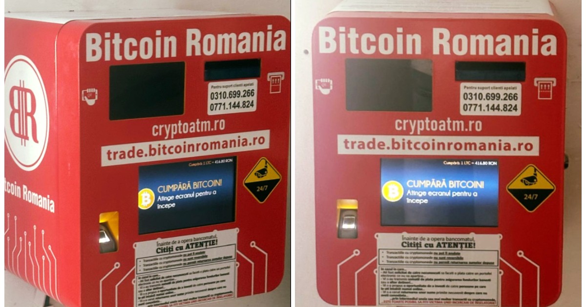 În imagine este ilustrat un bancomat de culoare roșie, pe care scrie Bitcoin Romania