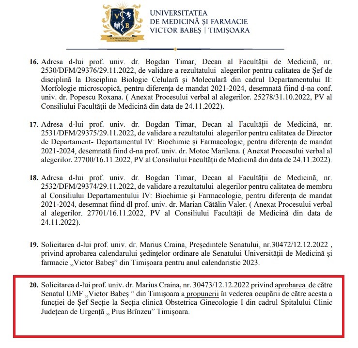 Solicitarea lui Craina e ultima pe ordinea de zi de mâine
