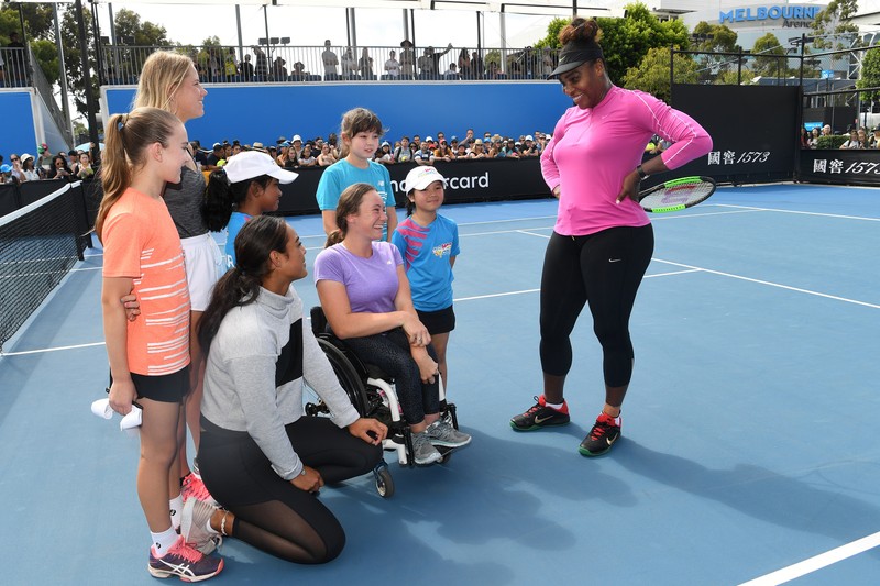 Serena Williams (R) of the USA speaks with junior Australian tennis players during a media event at the Australian Open Grand Slam tennis tournament in Melbourne, Australia, 20 January 2019. EPA-EFE/JULIAN SMITH AUSTRALIA AND NEW ZEALAND OUT