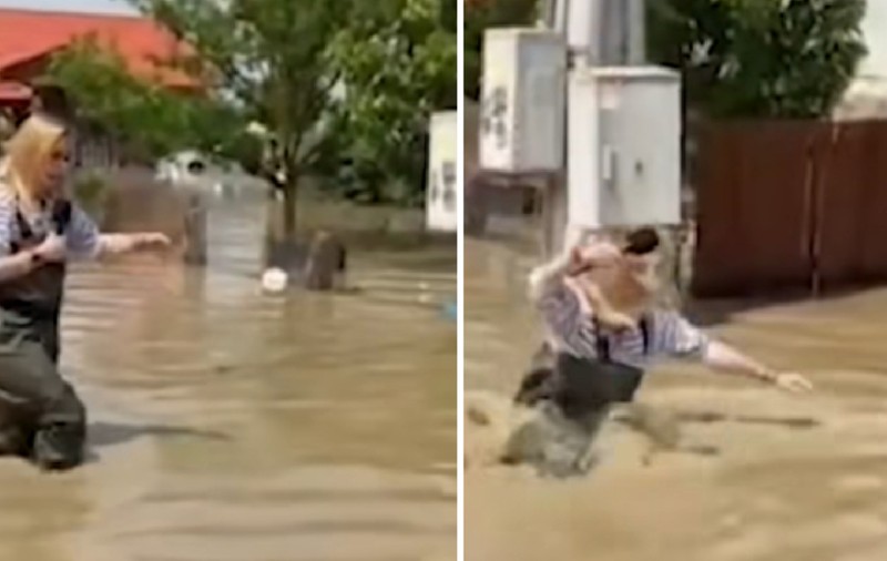 Momentul în care un reporter tv care transmitea dintr-un sat inundat cade într-un canal și se scufundă cu totul | VIDEO