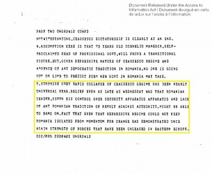 Fragment din telegrama ambasadei Canadei la Washington, trimisă pe 22 decembrie 1989