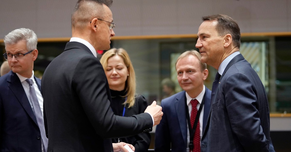 Peter Szijjarto (stânga) și Radoslaw Sikorski (dreapta), ambii în prim-plan, discută în marja unei reuniuni la Bruxelles Foto: Profimedia