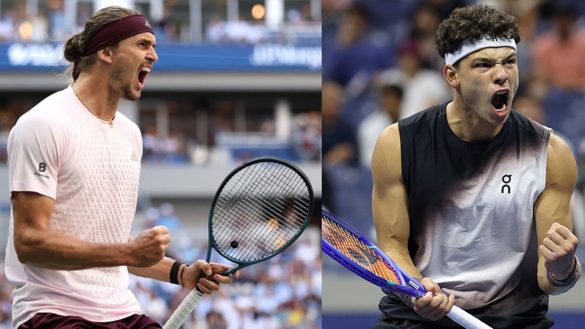 Colaj Alexander Zverev// Ben Shelton care vor lupta în  finala US Open 2026 - ambii țin raceta de tenis în mâini