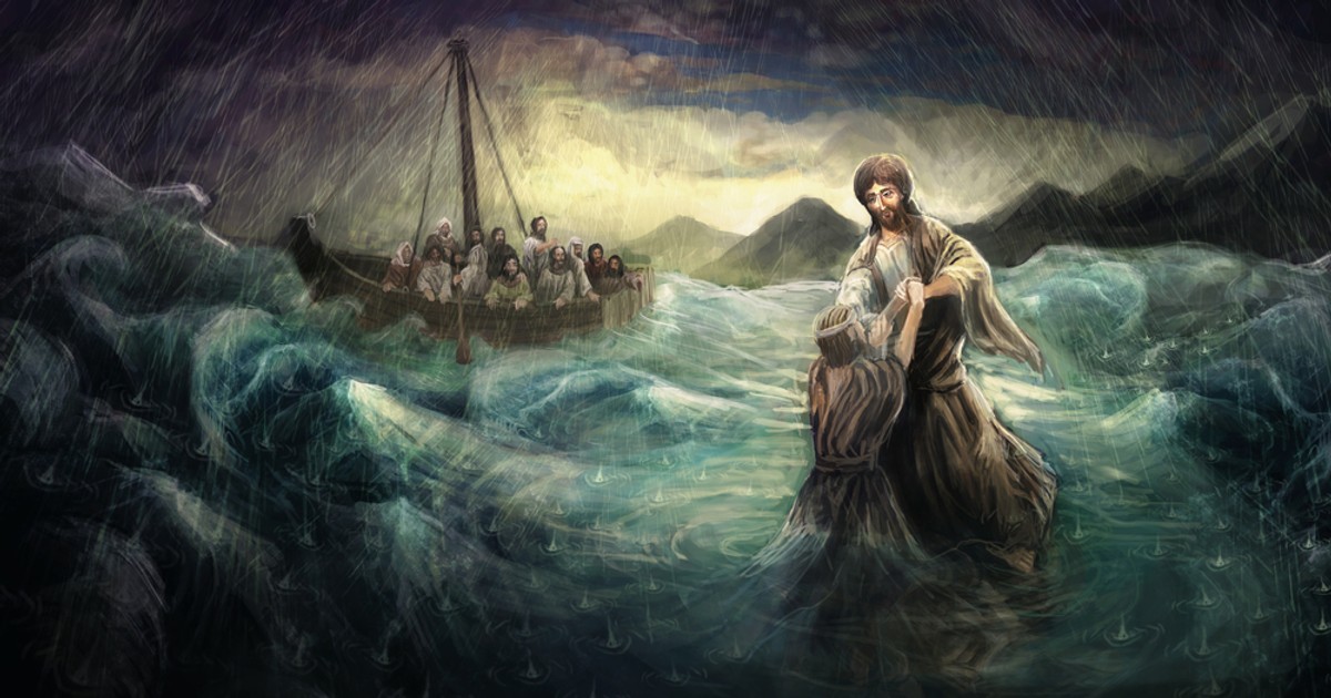 Minunile înfăptuite de Iisus Hristos - Imagine cu o pictură care reproduce momentul în care Apostolul Petru este salvat din apă de Iisus Hristos