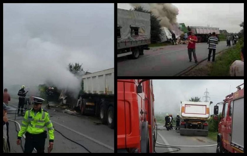 Grav accident luni dimineața, în Maramureş. Un TIR a făcut zob un microbuz, care a luat foc. Şoferul a ars în maşină