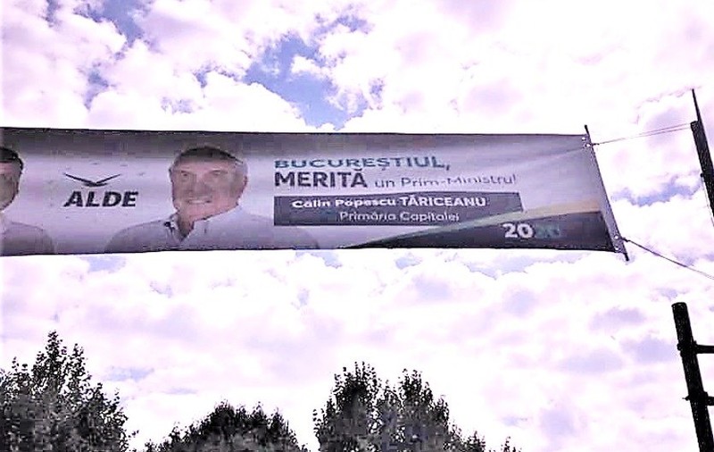 Virgulă între subiect şi predicat pe bannerele electorale ale lui Călin Popescu Tăriceanu, candidat la Primăria Capitalei