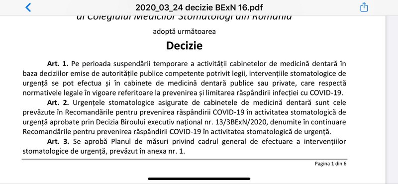 Decizia Colegiului Medicilor Stomatologi din România