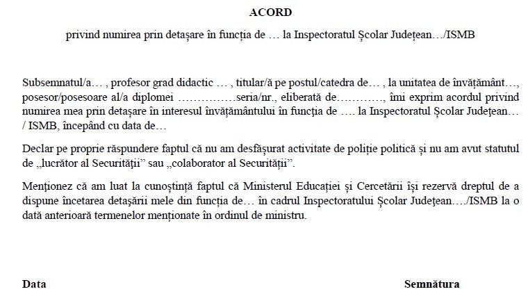 Acord privind numirea prin detașare în funcția de inspector școlar general sau adjunct. Foto: edu.ro