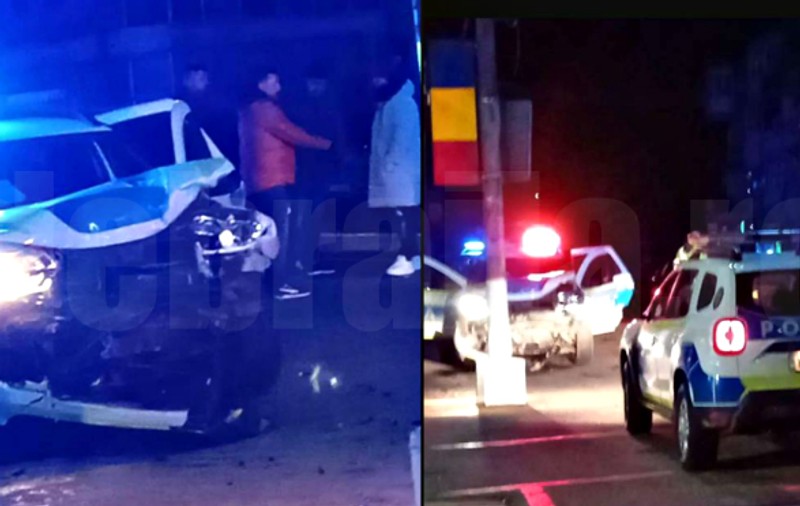 Autospecială IPJ Brăila, lovită de un șofer și aruncată într-un stâlp. Mașina de poliție ducea la spital un bărbat prins băut la volan