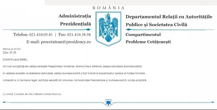 Răspunsul Administrației Prezidențiale este semnat de consilierul de stat Gabriel-Cristan Piscociu