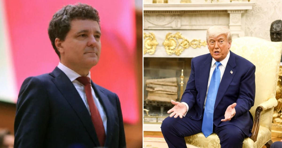 colaj foto format din 2 fotografii - Nicușor Dan, în picioare, în timpul depunerii jurământului și DonaldTrump (dreapta) așezat pe un scaun auriu
