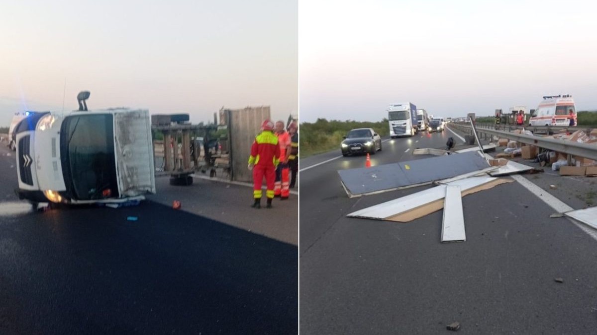 Colaj cu doua fotografii cu un accident mortal pe Austastrada A1, București - Pitesti, in stanga se vede o autoutilitara alba, rasturnata, langa ea sunt un pompier si doua cadre medicale SMURD, in dreapta se vede autostrada, cu un sir de masini care circula pe partea stanga, drumul partial blocat de cituu imprastiate pe jos, o ambulanta, 13 august 2025
