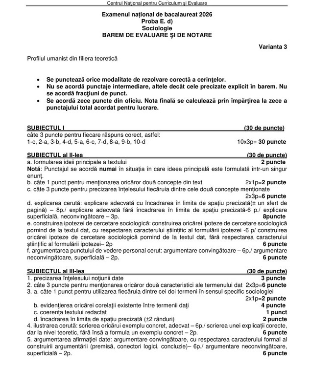 Subiecte Sociologie la Bac 2026. Baremul de corectare a fost publicat