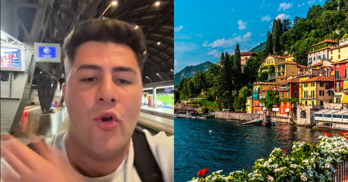 Un colaj format din două fotografii, în prima imagine apare Andu, un tânăr cu tricou alb și părul negru și în a doua imagine apare Lacul Como din Italia
