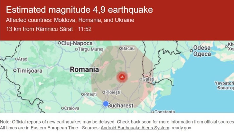 Cutremur de 4,8 în România, luni, 19 octombrie 2026, resimțit în București