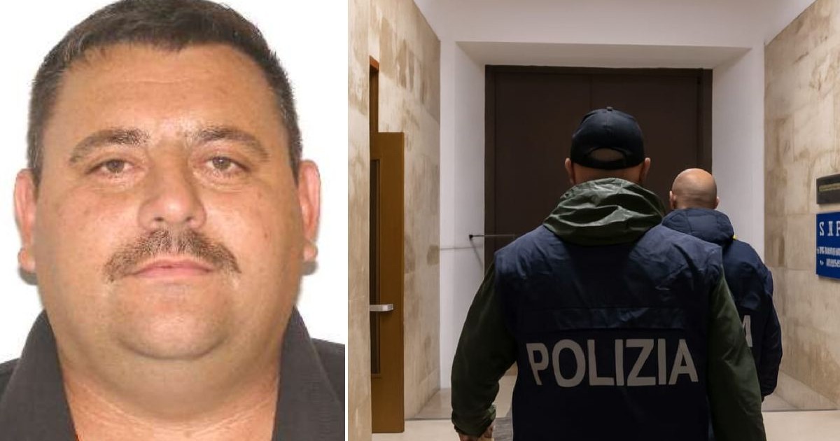 Colaj din două fotografii: în stânga este un bărbat de vârstă mijlocie, cu mustață și părul închis la culoare, iar în dreapta sunt doi polițiști, dintre care unul poartă o vestă pe care scrie POLIZIA, într-un hol.