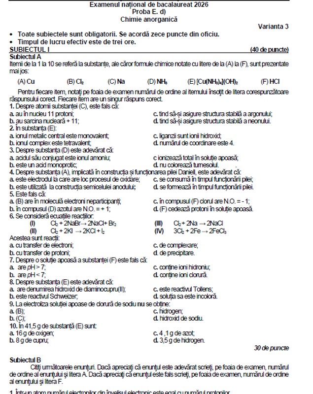 Subiecte Chimie la Bac 2026. Baremul de corectare a fost publicat