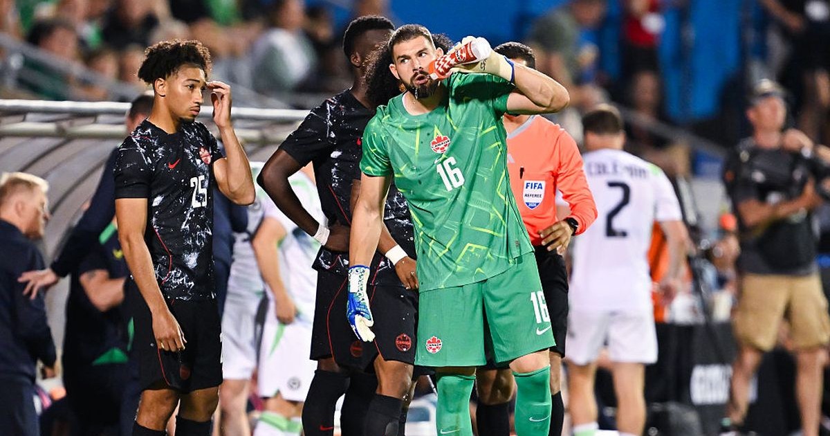 MONTREAL, CANADA - JUNE 05: Goalkeeper Maxime Crépeau #16 of Canada hydrates in the second half during the international friendly match against the Republic of Ireland at Saputo Stadium on June 5, 2026 in Montreal, Quebec, Canada. (Photo by Minas Panagiotakis/Getty Images)