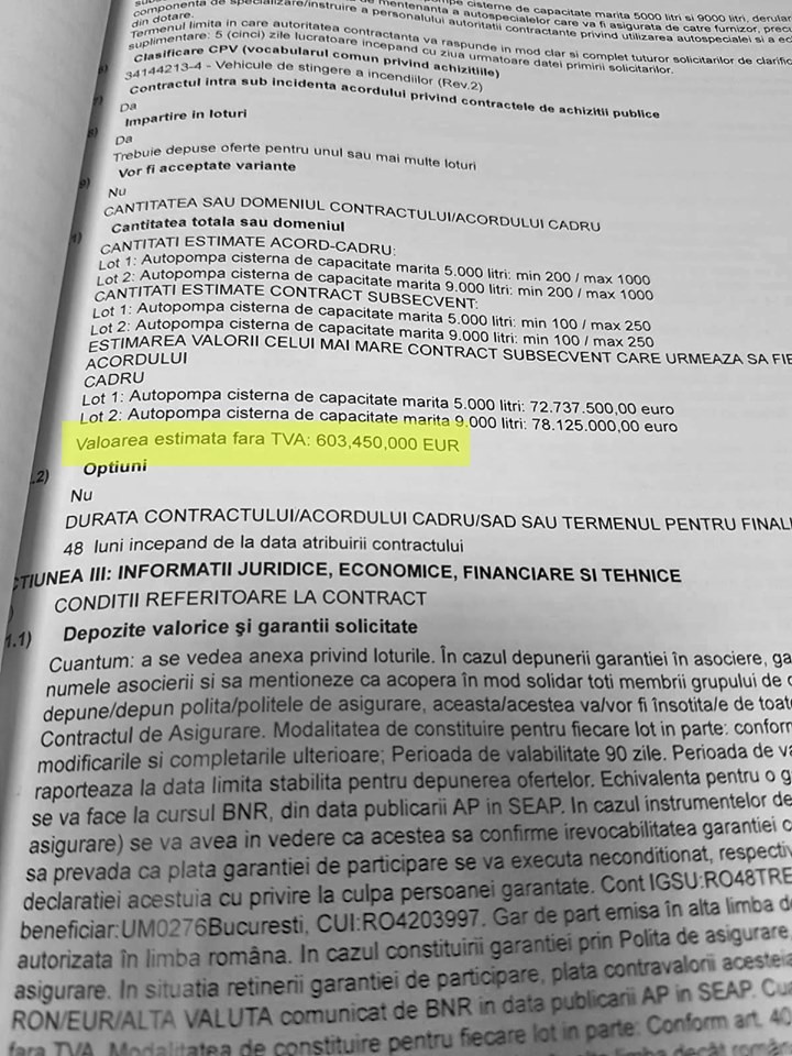 Unul dintre documentele licitației, care arată că suma de 603 milioane de euro era fără TVA