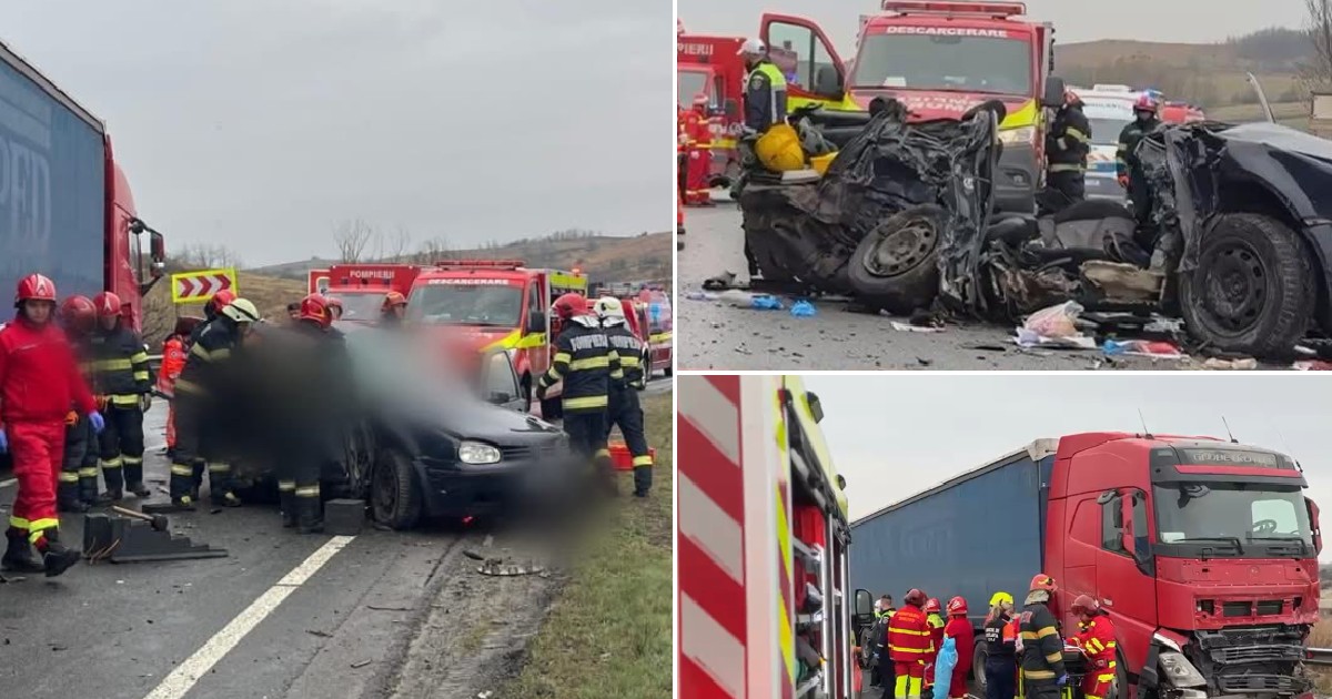 Imaginea prezintă intervenția echipajelor de urgență la locul accident grav din Sânpaul în care au fost implicate un autoturism și două camioane.