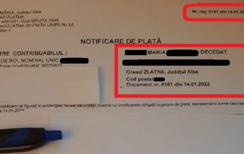O femeie din Alba a aflat dintr-un document al primăriei că este decedată. Explicațiile date de edil