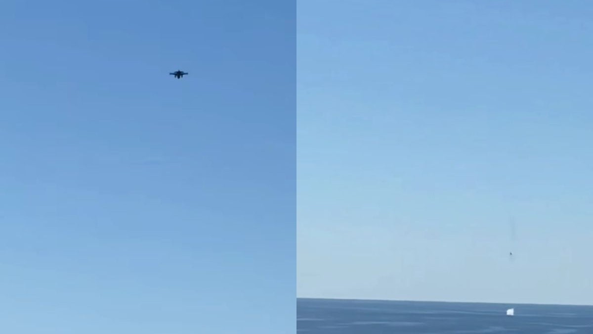 Momentul în care un avion F-16 distruge cu tunul drona marină aflată în apropiere de Neptun Deep. Sursă foto: Colaj foto/Facebook/Radu Hossu.