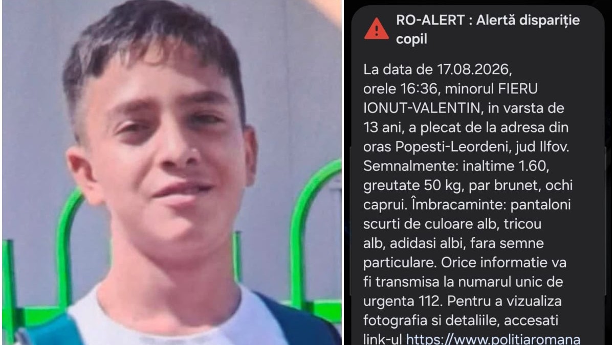 Imaginea este un colaj ce conține fotografia unui băiat de 13 ani și textul unui mesaj oficial RO-ALERT privind alerta de dispariție a copilului Fieru Ionuț-Valentin din Popești-Leordeni.