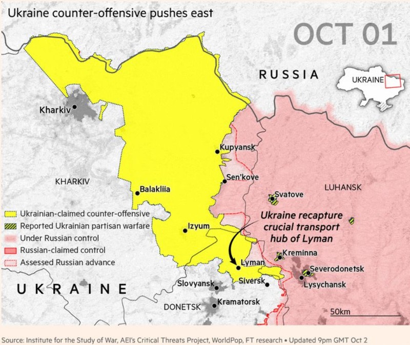 Harta avansului ucrainean din nord-estul țării. Sursa: ISW/FT
