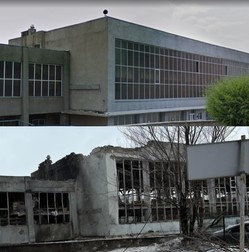 Complexul Sportiv Unifeht - Sala Burevestnik, Harkov, înainte de bombardament (foto sus) și după | Surse foto: Google Street View și Twitter