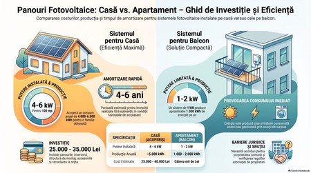 Ghid fotovoltaice casă vs apartament. Infografic realizat cu ajutorul Inteligenței Artificiale