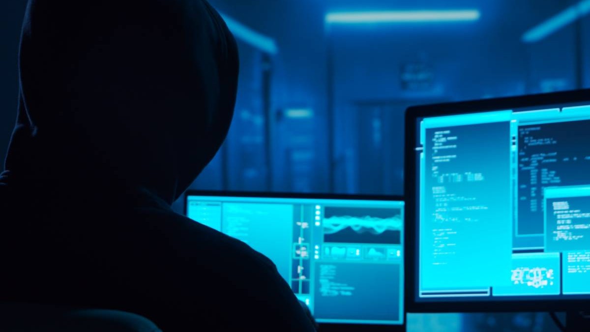 hacker in fata unor ecrane albastre