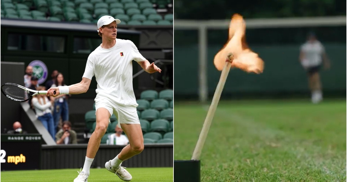 Colaj cu Janick Sinner, in stanga de surprins în timul unui antrenament la Wimbledon, in costum alb, șapcă si racheta in mana dreapta, in dreapta captura vudeo cu un chibrit aprins si suleta lui Sinner in fundal