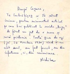 Scrisoarea lui Nichita Stănescu către Cezar Ivănescu