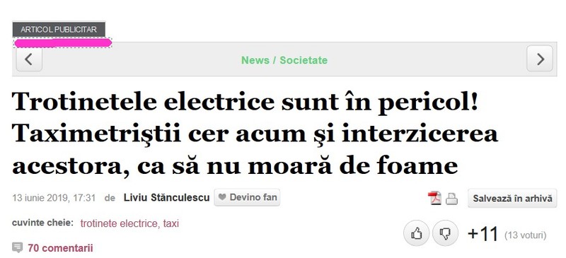 Publicitatea era marcată în versiunea de desktop și nemarcată în versiunea de mobil
