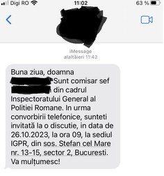 Mesajul prin care comisarul-șef confirma întâlnirea cu Ruxandra la sediul IGPR