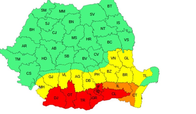 Județele sub atenționări meteo de tip cod roșu, portocaliu și galben. Foto: ANM