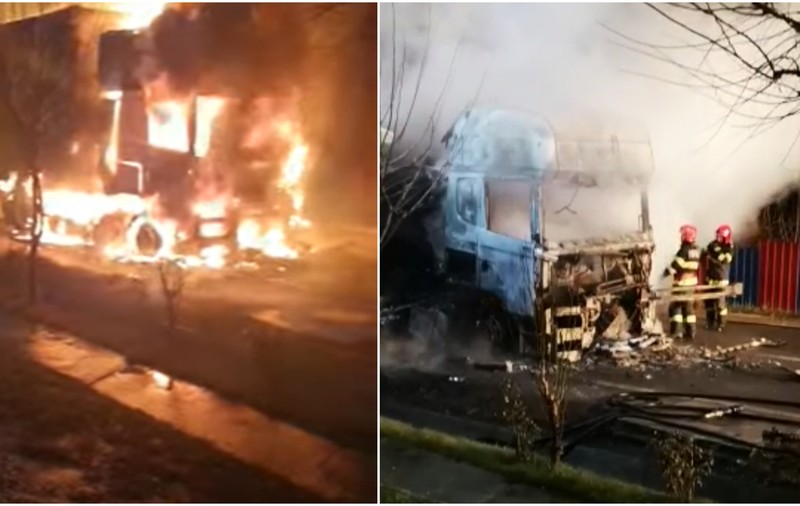 Trafic blocat pe DN14, în județul Sibiu, după ce un TIR a fost cuprins de flăcări