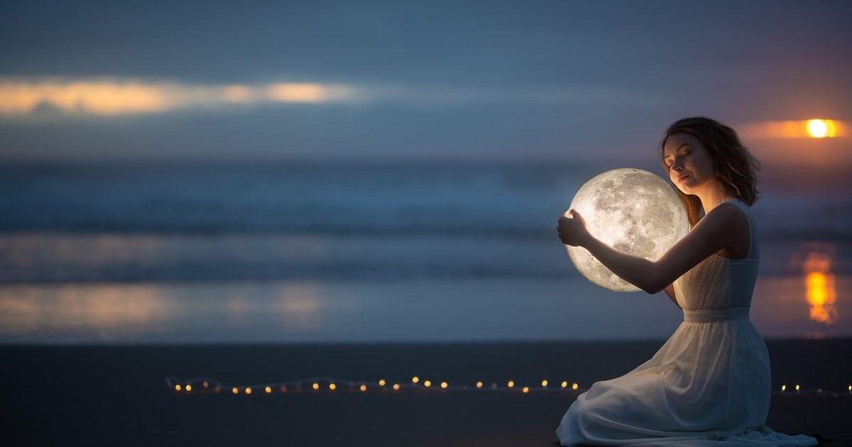 Luna plină din 1 mai 2026 este Luna Florilor -Imagine artistică reprezentând o fată în rochie albă care ţine cu braţele luna