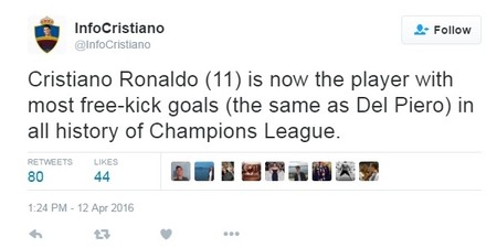 Ronaldo e la fel de tare ca Del Piero la loviturile libere