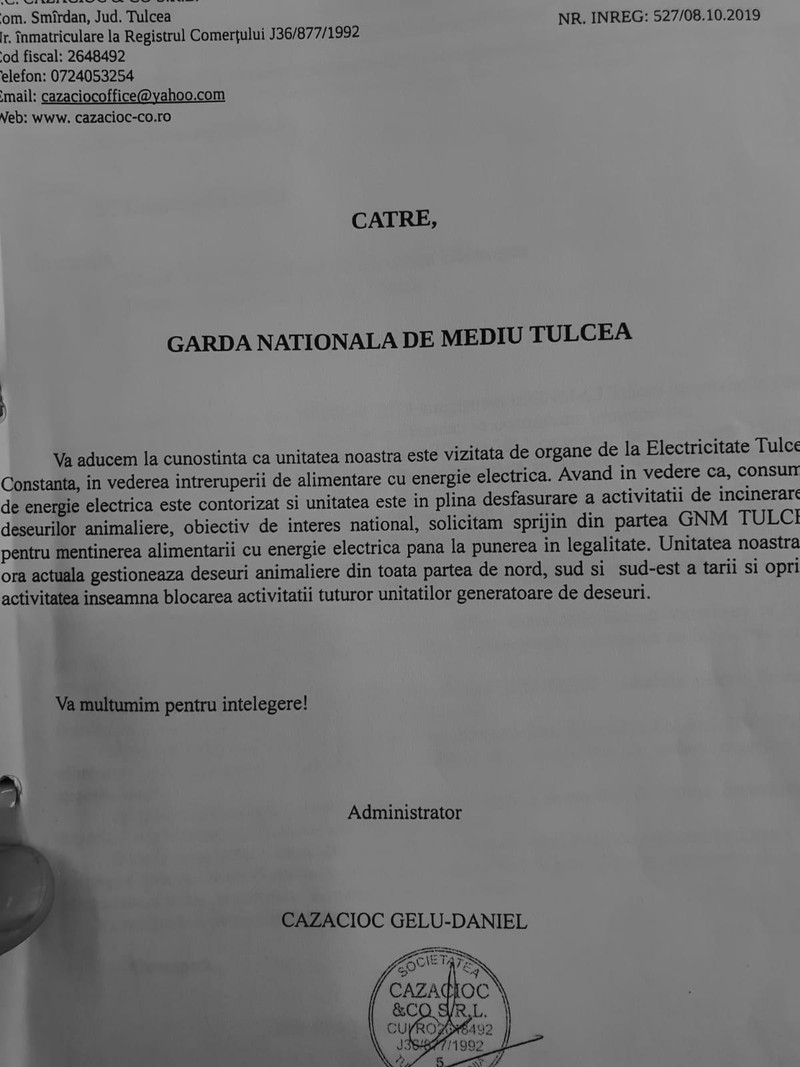 Cererea lui Cazacioc adresată Gărzii de Mediu Tulcea