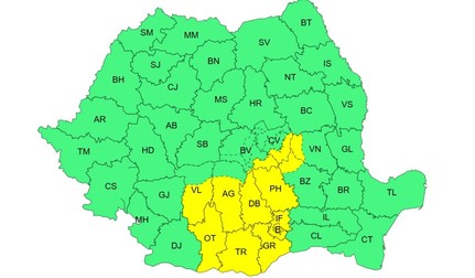 Harta județelor aflate sub incidența unui cod galben de ploi de la ANM pe 12 octombrie 2026. Sursa foto: ANM.