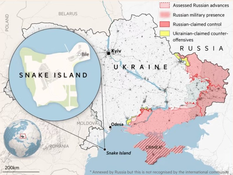 Insula Șerpilor - la sud de Odesa și la doar 45 de kilometri de România. Sursa: Institutul pentru Studiul Războiului/Financial TImes